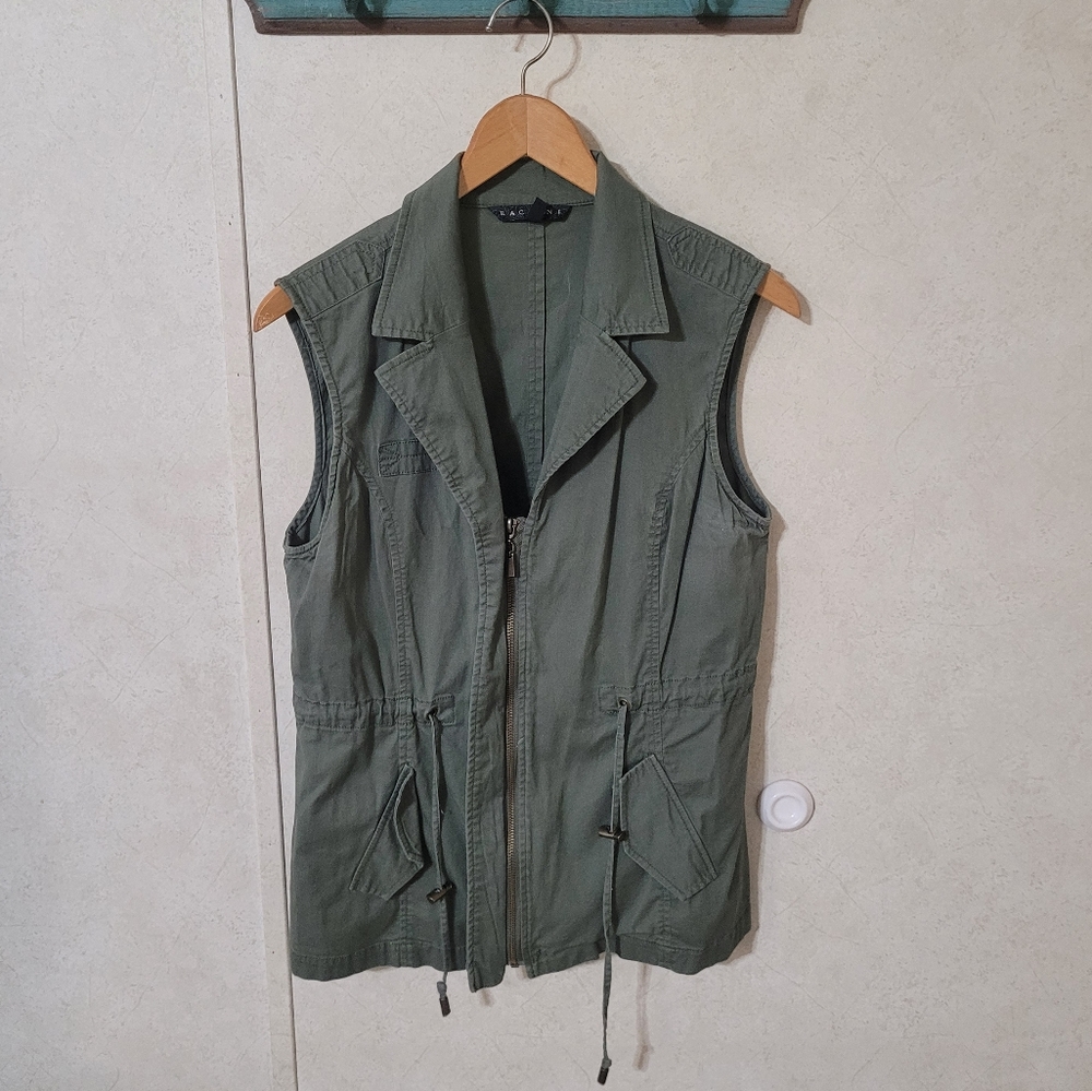 Baccini utility vest olive green zip up waist tie drawstring cotton blend - M